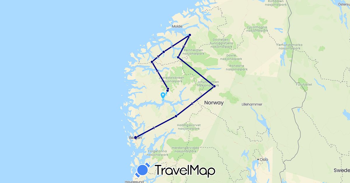 TravelMap itinerary: driving, boat in Norway (Europe)